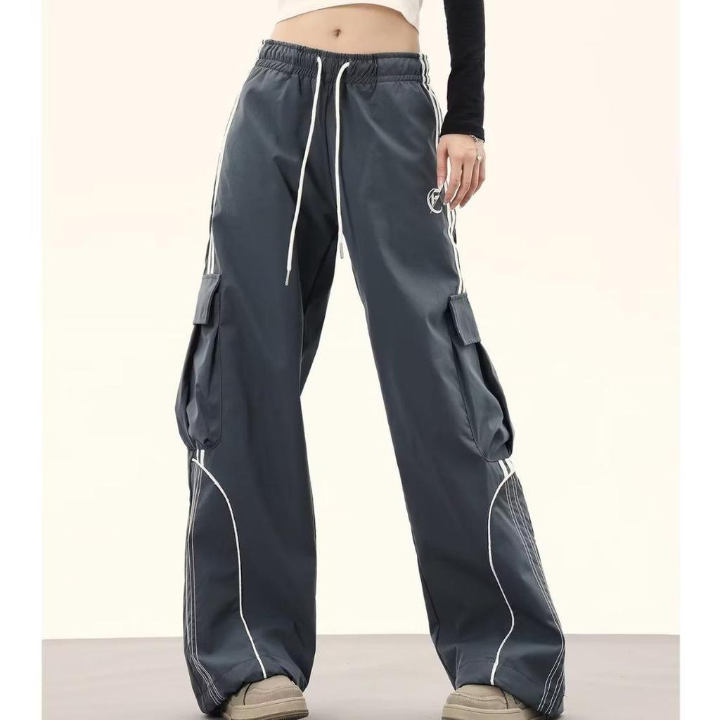 Women's Retro Color Block Hip Hop Cargo Sweatpants - Loose Wide-Leg Floor-Length