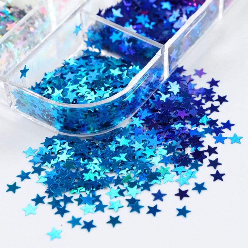 12Grid Five-pointed Star Sequins Size 3mm Mixed Nail Jewelry Resin Drop Glue Filled Sequins 3D Holographic Flake Sequins