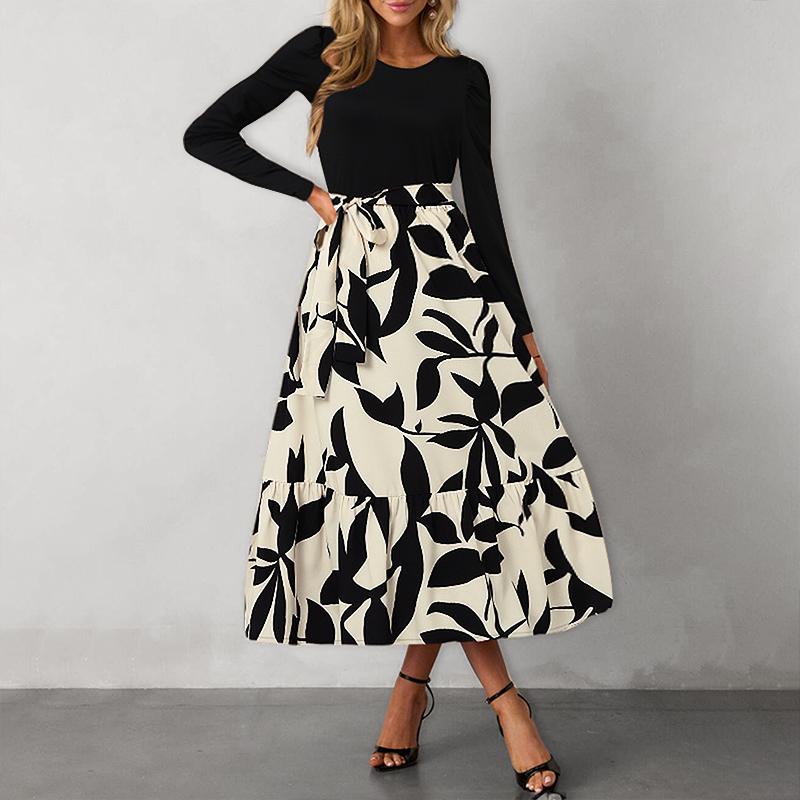 

VONDA Женские винтажные платья А-силуэта с круглым вырезом и контрастным длинным рукавом с цветочным принтом 4XL чёрный