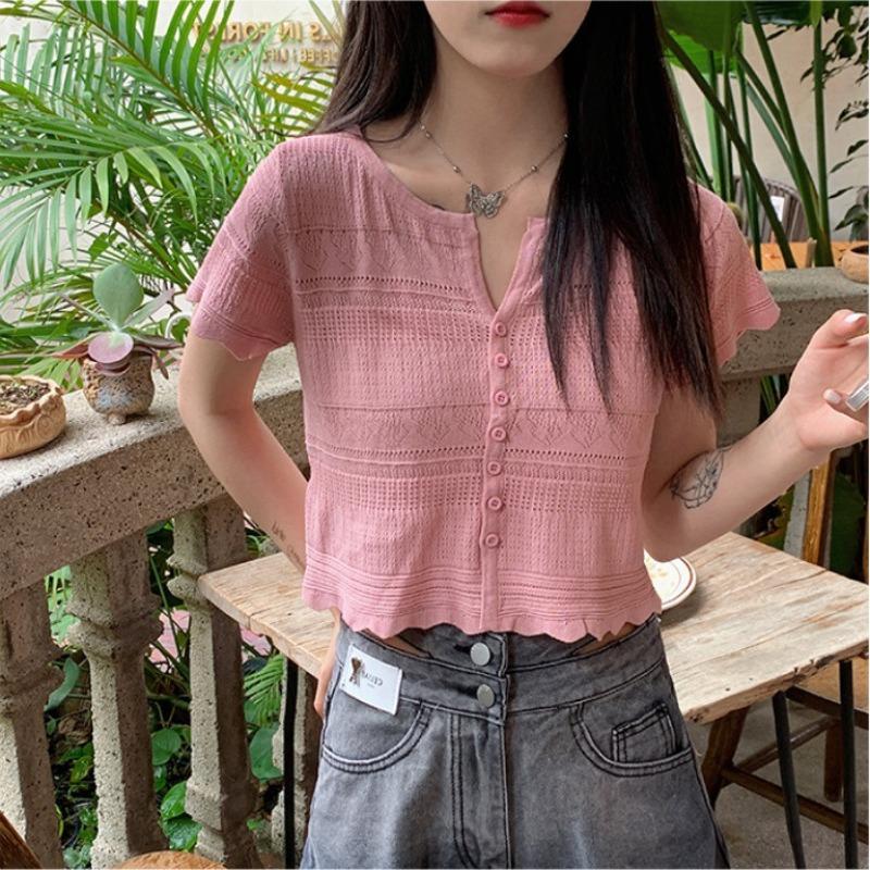Ice Silk Knitted Cardigan Women Wear Summer New Hollow V-neck Slimming Short-sleeved Short T-shirt Top