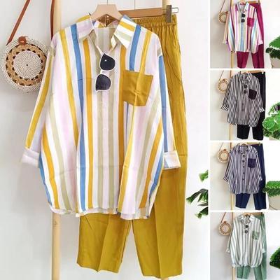 2Pcs/Set Women Outfit Shirt Pants Set Casual Elastic Waist Breathable Stripes Blouse Pants Suits Spring Summer Women Set