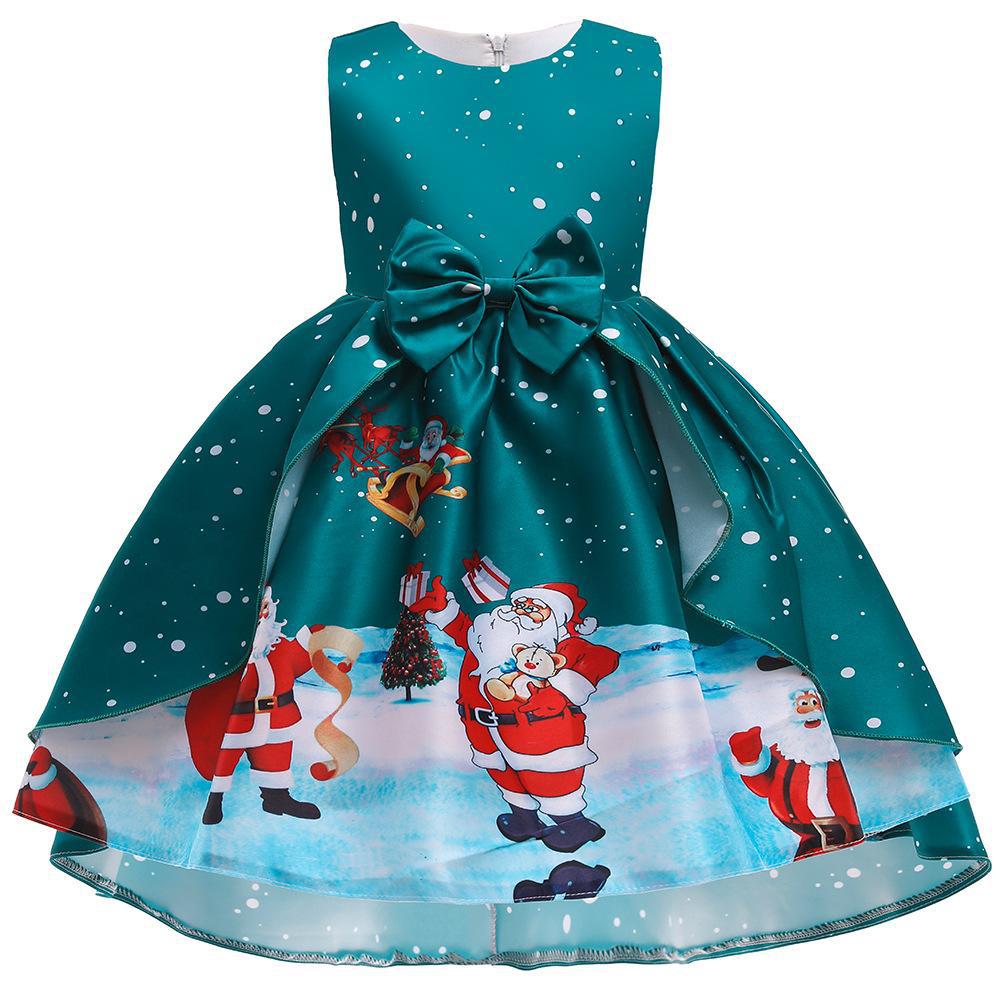 Girls Christmas Princess Dress with Santa Snowflake Print - Holiday Party Dress