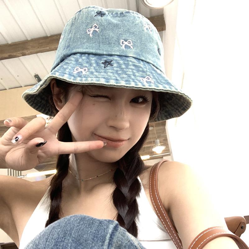 Summer Versatile Bow Embroidery Retro Old Cowboy Fisherman Hat Women Sun Protection Sun Protection Showing Face Small Basin Hat