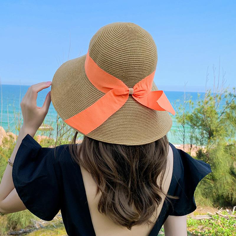 Bow straw hat women's summer seaside vacation fashion beach hat big brim shading sun protection show small face