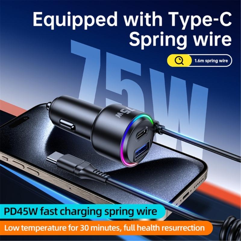 Universal 75W Car Fast Charging with build  In Spring Cable Three  Port  Mobile Phone Charger for Efficient Power Delivery