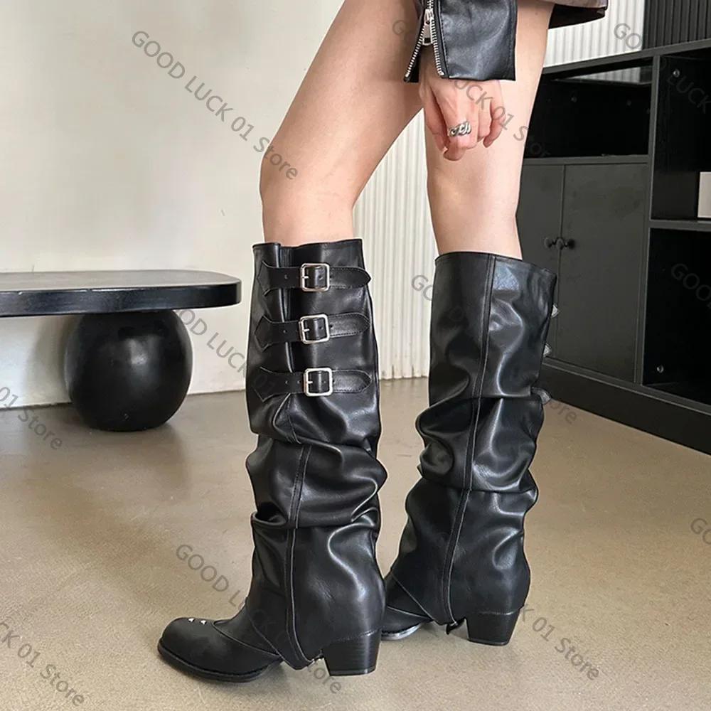 Fashion 2025 High Quality Wasteland Punk Y2k Gothic Style Vintage Motorcycles Western Boots for Women Black Rivets Knee High Boot Shoes