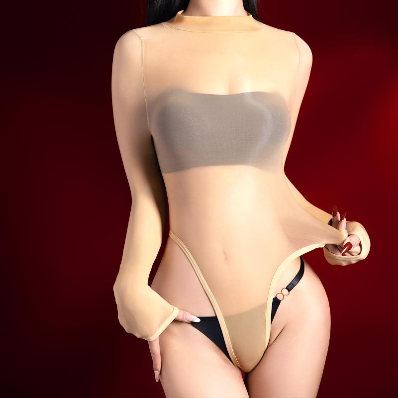 Women Sexy Bodysuit High-Fork Oil Shiny Glossy Five-Finger Swimsuit Ultra-Thin Silky Open Crotch Long-Sleeved Bodysuits