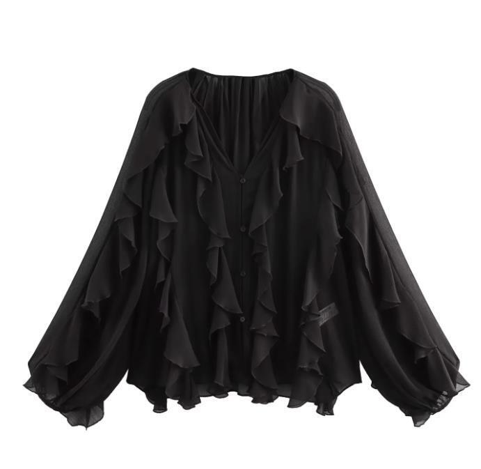 Camisa Casual con Volantes para Mujer Tops Holgados con Cordones y Aberturas en V Blusas de Primavera Ropa para Mujer
