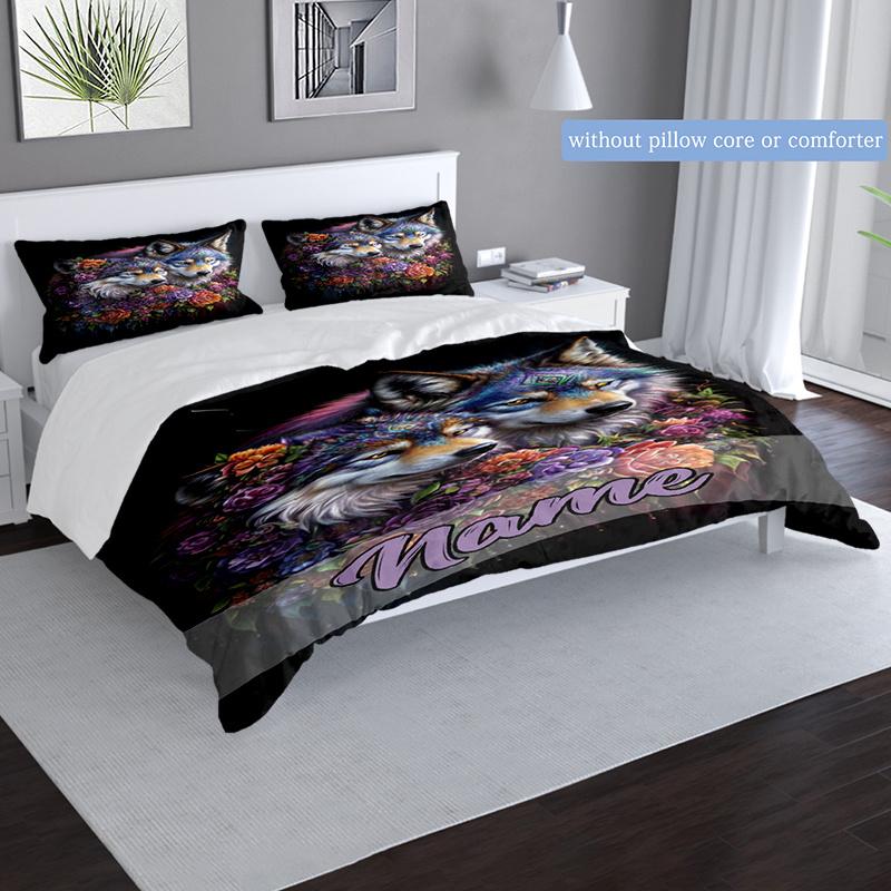 Two Wolf Flowers Duvet Cover Soft Bedding Set For Bedroomdorm Personalized Name Threepiece Set 1 Duvet Cover And 2 Pillowcases Perfect Gift For All