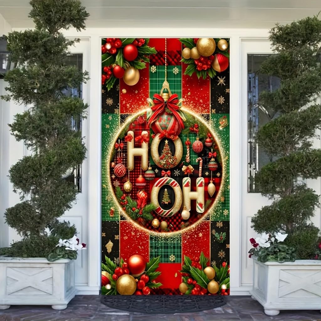 Christmas Door Cover Gold Bell Poettia 71x35 Inch Large Holiday Decoration for FrontDoor Wall Indoor Outdoor Xmas Party Winter Festival Home Decor
