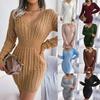 Women European Style High Waist Twisted V Neck Long Sleeve Solid Color Hip Hugging Knit Dress