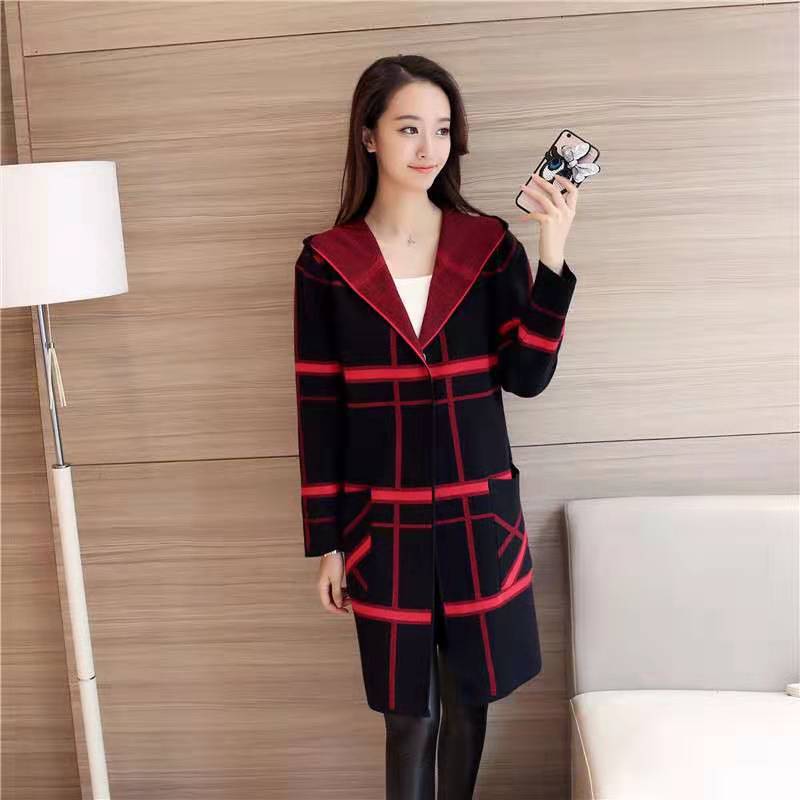 Knitted cardigan women's medium and long fashion outfit spring and autumn new autumn and winter loose plaid sweater jacket