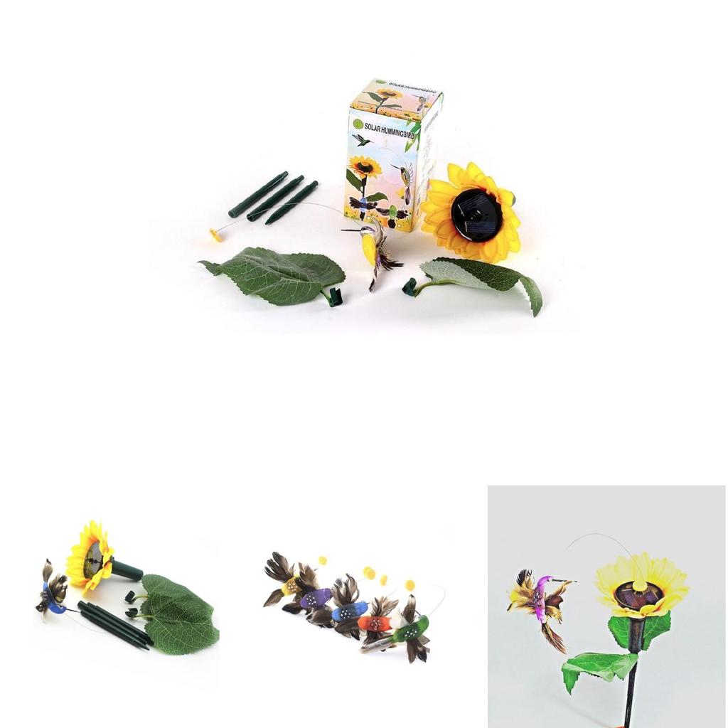 Elegant Sunflower Garden Stake Featuring Solar Powered Fluttering Hummingbird Design