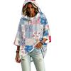 Women's Fashion Hooded Pullover Top with Three-Quarter Sleeves and Patchwork Print