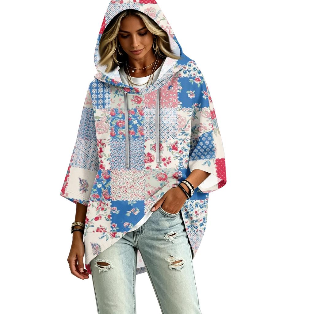 Women's Fashion Hooded Pullover Top with Three-Quarter Sleeves and Patchwork Print