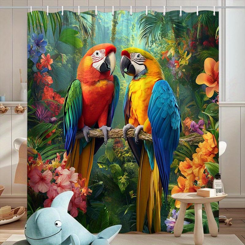 Annier Vibrant Tropical Macaw Shower Curtain With Colorful Parrot Design Amidst Exotic Flowers & Lush Foliage, Durable Polyester Fabric