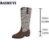 Fashion Leopard Mid Heels Women Shoes Mid-calf Boots 2025 Trend Designer Gladiator Chunky Western Boots New Pumps Chelsea Botas Mujer