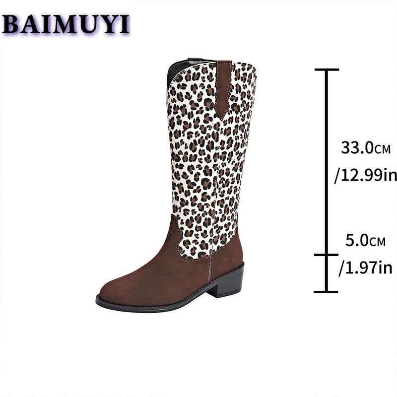 Fashion Leopard Mid Heels Women Shoes Mid-calf Boots 2025 Trend Designer Gladiator Chunky Western Boots New Pumps Chelsea Botas Mujer