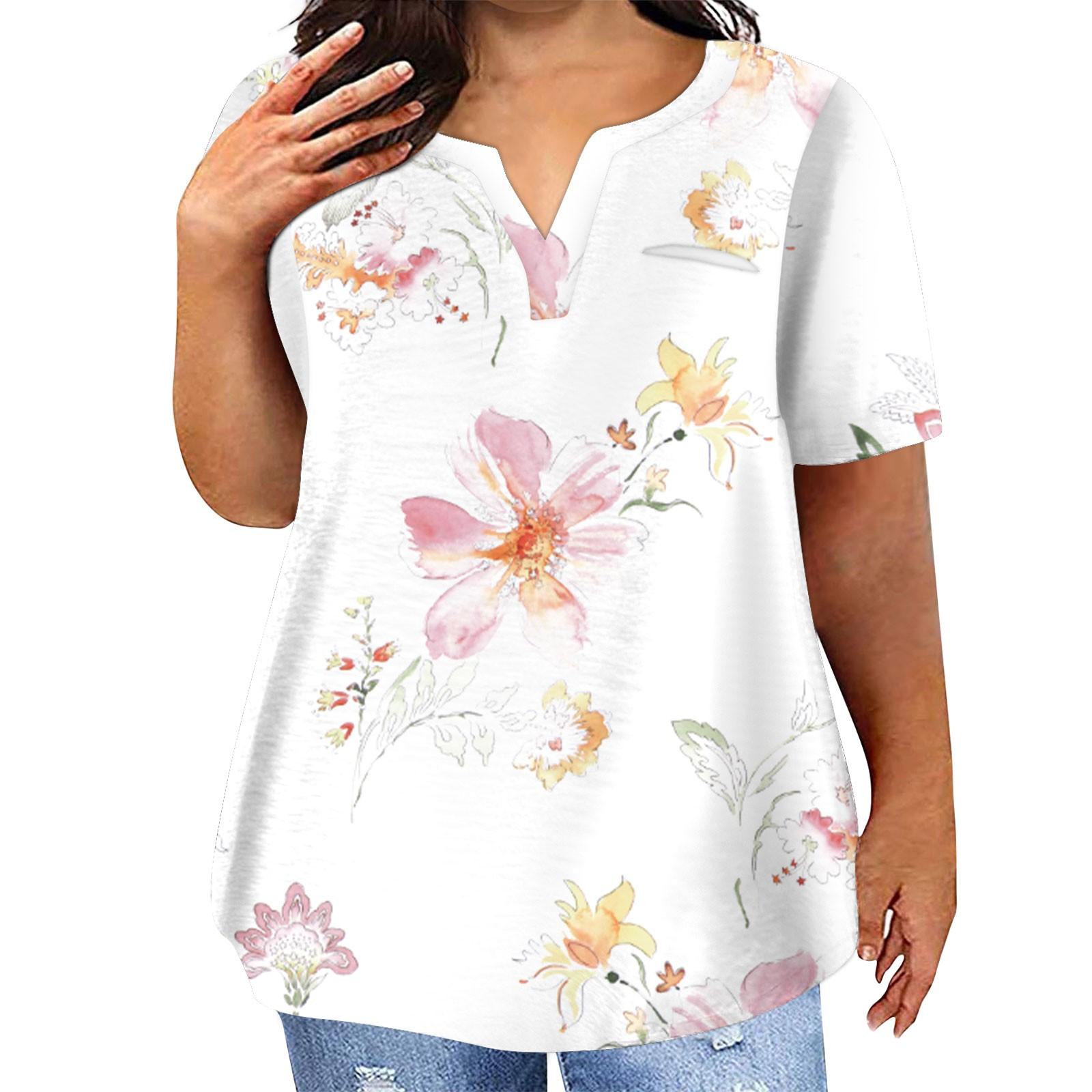 

Модная женская повседневная футболка больших размеров с коротким рукавом и круглым вырезом с цветочным принтом и карманами XXXXXL белый