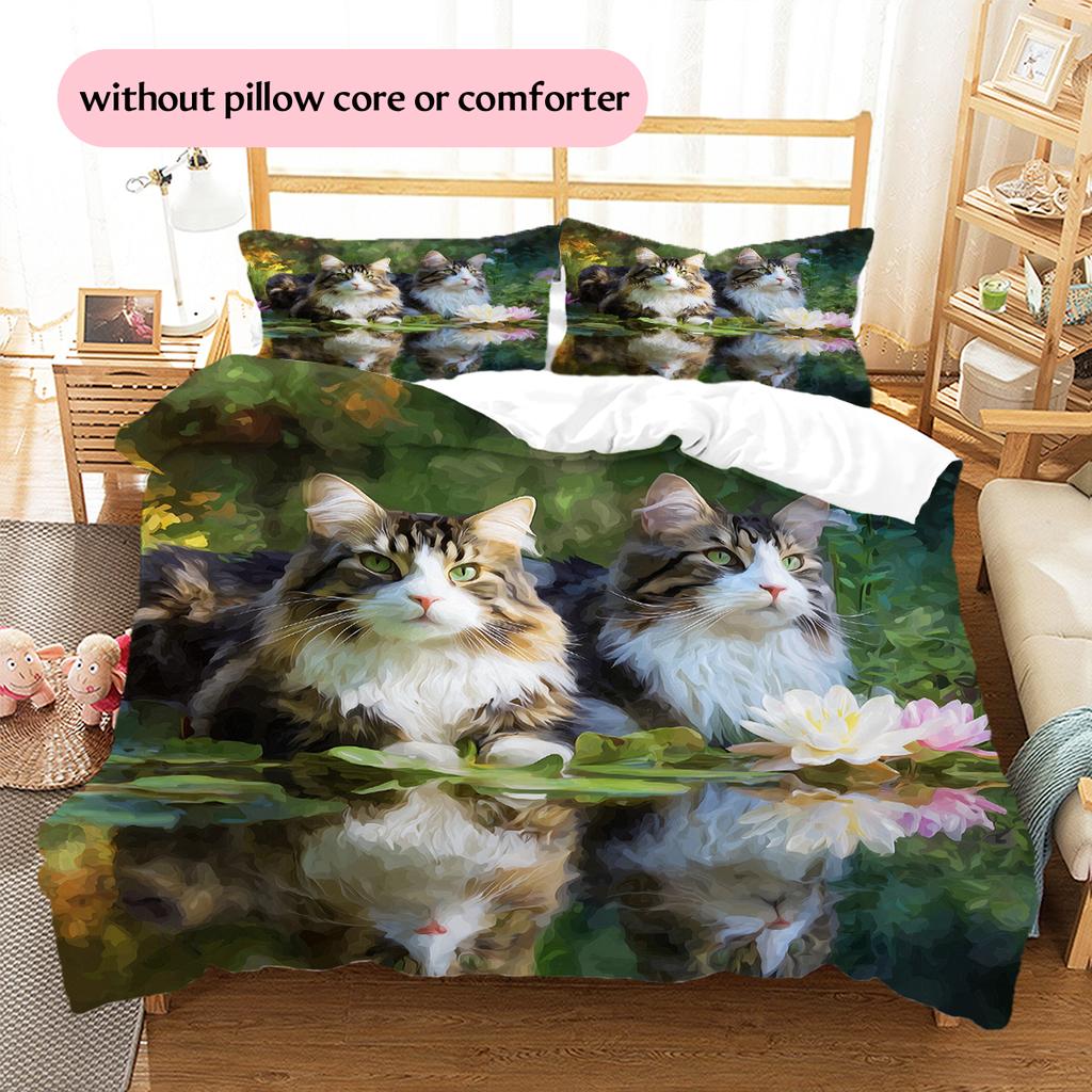 Maine Coon and Flowers Pattern Bedding Home Decoration Birthday Gift (1 * Duvet Cover + 2 * Pillowcase, Without Core)