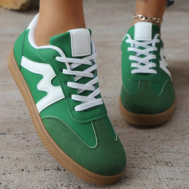Fashion Spring Autumn Green Lace Up Sneakers Women Fashion Faux Suede Round Toe Sports Shoes Woman Sewing Striped Flats Shoes Female