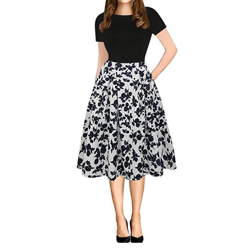 

Women s Short Sleeve Round Neck Zipper Slim Fit Printed Midi Elegant Dress Clothes Sale S чёрный