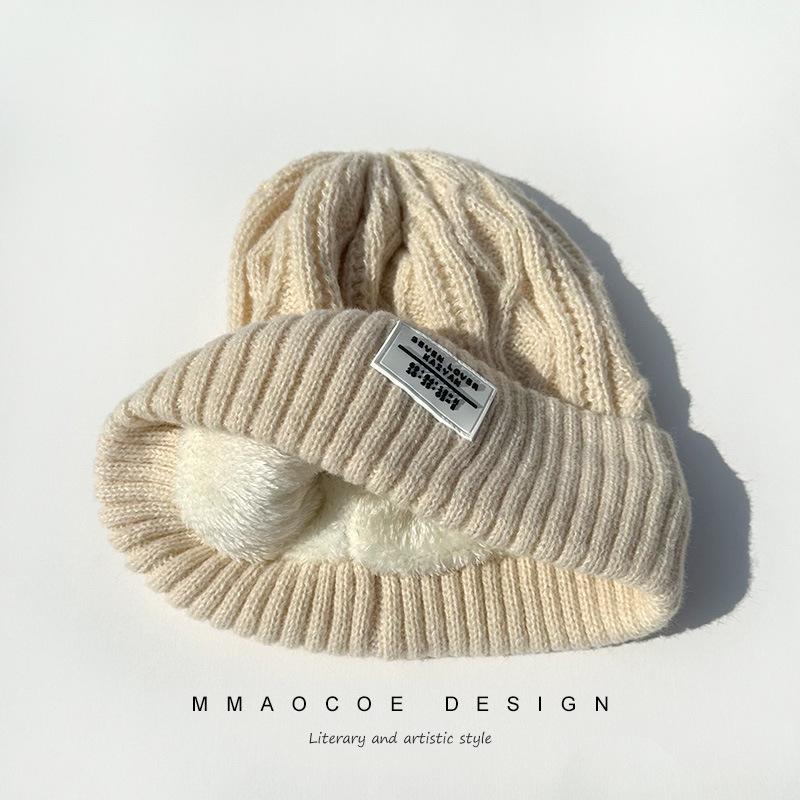 Autumn and winter warm plush thickened wool hat female Maillard Han Xian small face pullover curling student knitted hat