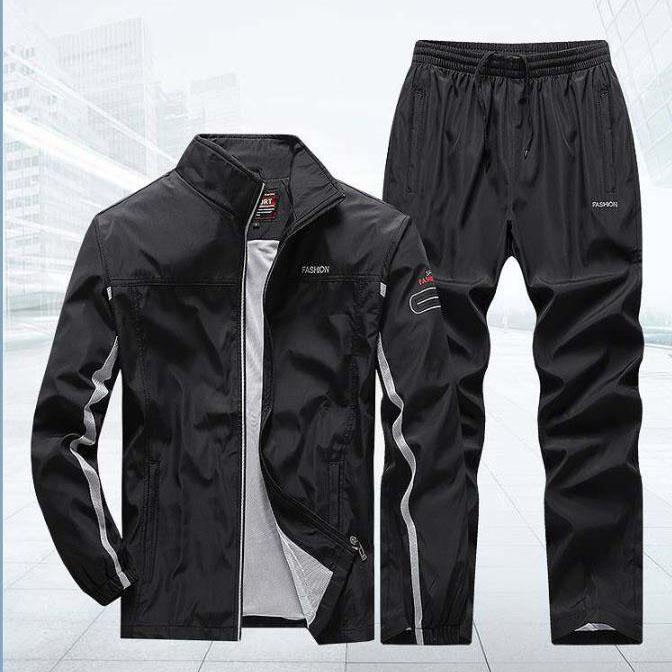 Men's Four Seasons Spring Autumn Plus Size Standing Collar Long Sleeve Jacket + Breathable Loose Trousers Outdoor Sports Jacket Two Piece Set