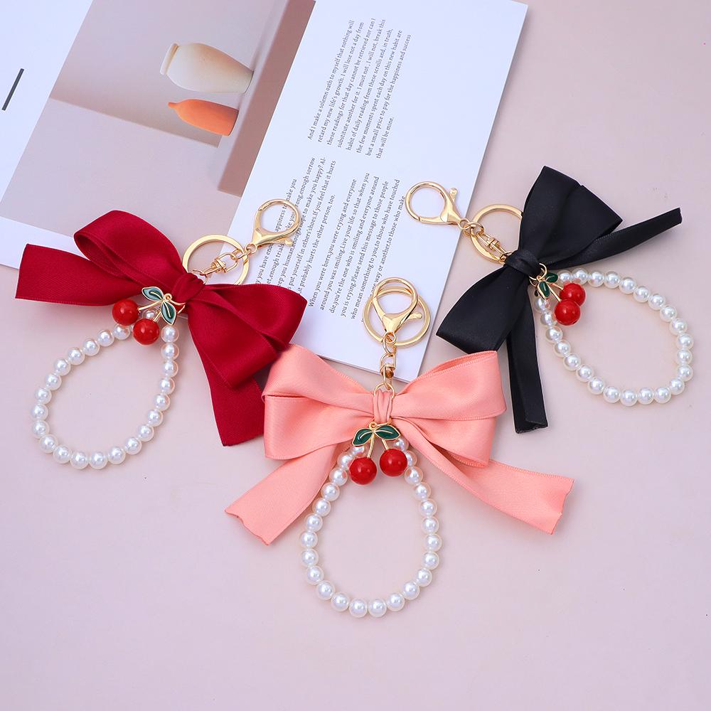 Fashion Large Bowknot Ribbon Pearl Chains Key Chain Women's Cherry Pendant Keyrings Bag Ornament Car Trinket Accessories