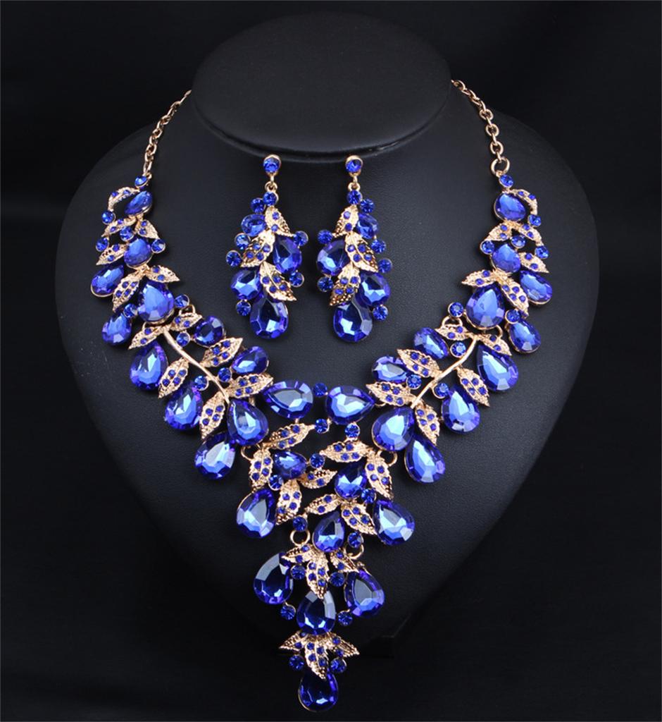 Gorgeous Colorful Crystal Flower Drop Collar Necklace Earring Luxury Wedding Jewelry Set Exaggerated Girl's Bridal Party Gift