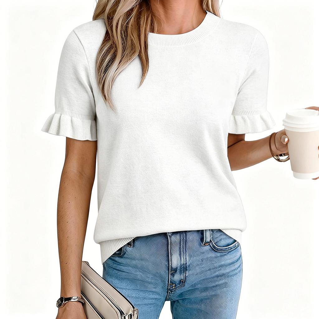 Women's Casual Knit Top Short Sleeve Puff Sleeve Sweater Pullover Lightweight Crew Neck Soft Fabric Comfortable Fit