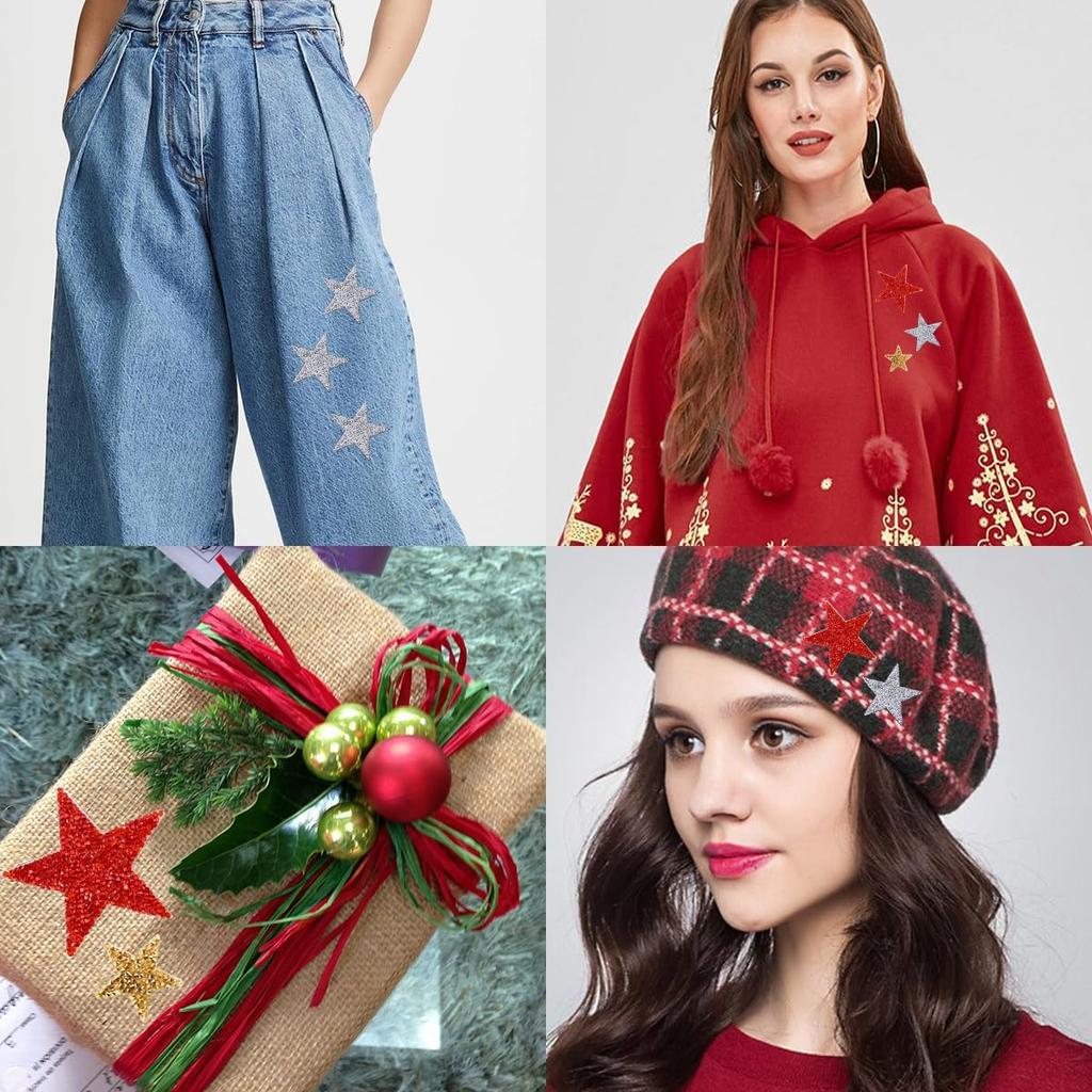 27 Pieces Rhinestone Star Patches for DIY, 4 Sizes Iron On Adhesive Glitter Star Appliques for Clothing Repair and Decoration (Gold, Silver, Red,