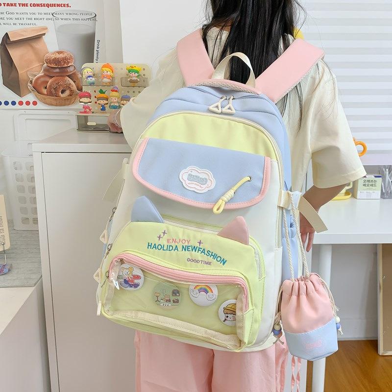 School Bag for Girls, Pain Bag for Junior High School Students, Large-capacity Fashionable Backpack, Cute Transparent Belt, Two-dimensional Personal