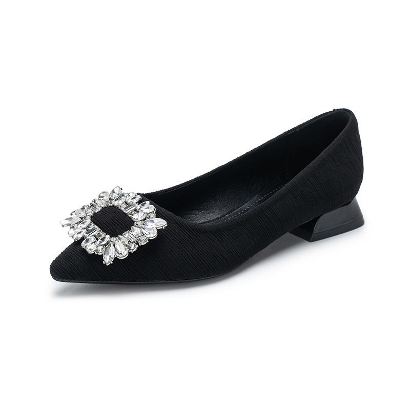 Su Yinyin Has the Same Style, Waltz~ Pointed Rhinestone Square Buckle V-mouth Ballet Flats, Women's Thick Heel Single Shoes, Spring Models.