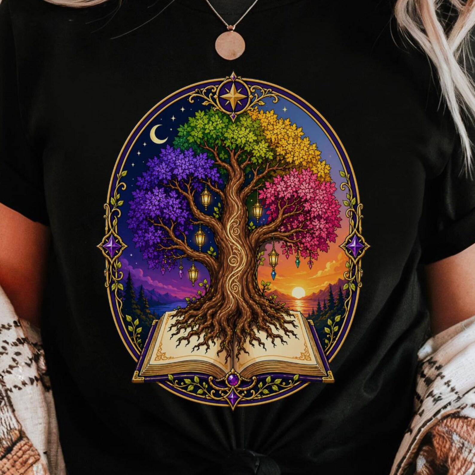 World Tree Book Shirt | Fantasy Tree of Life Tee | Magical Nature Graphic T-Shirt S