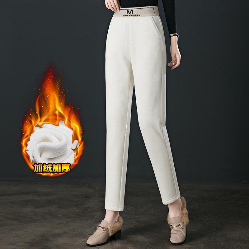 Corduroy Pants Women's Pants Elastic High Waist Women's Casual Pants Fleece Thickened Cotton Lint Nine-Point Pants