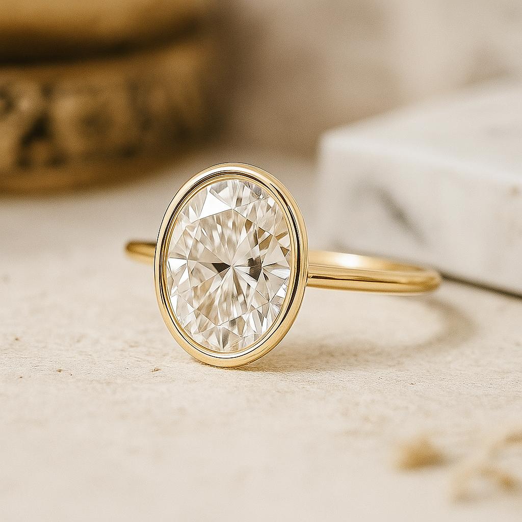 Oval Cut Solitaire Engagement Ring, Bezel Set Yellow Gold Plated Band, Minimalist Bridal Jewelry, Promise Ring for Her