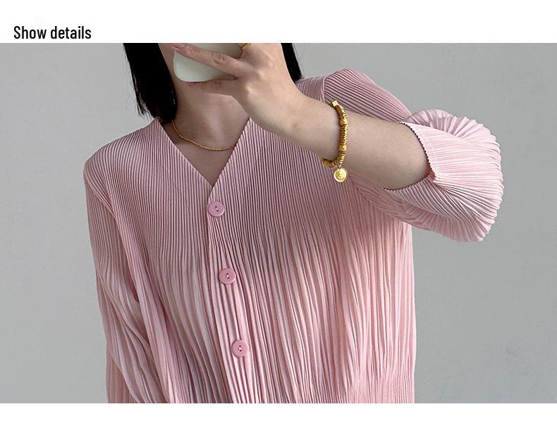 Miyake 2026 Elegant V-Neck Pleated Slim Fit Shirt for Women