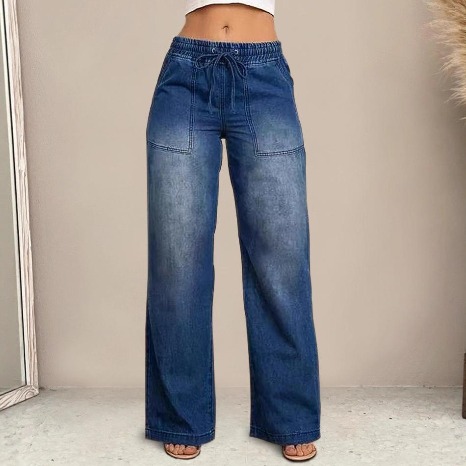 Autumn New Style Women's Denim Long Pants with Drawstring Elastic Waist Straight Leg Fashionable Wide-leg Jeans