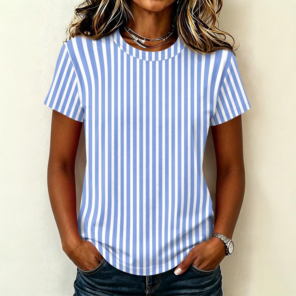 Women's Casual Crew Neck Short Sleeve Pullover T-Shirt Vertical Stripe Print Top Lightweight Soft Fabric Summer Wear