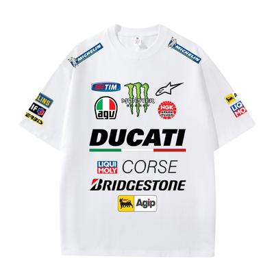 Camiseta de Verão Equipe de Corrida Corse Masculina Feminina, Estampa Vintage de Patrocinador MotoGP Casual Solta Branca, Streetwear Oversized Manga Curta