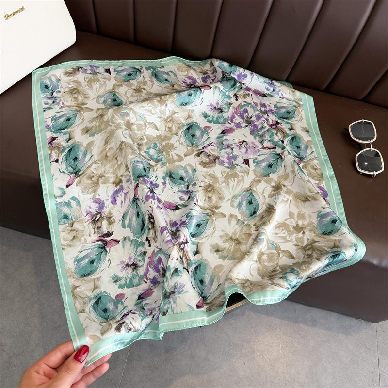 70*70cm Women's Square Scarf Soft Satin Floral Print Wrap Foulard Neckerchief Bandannas Hair Skinny Tie Hijab Shawls