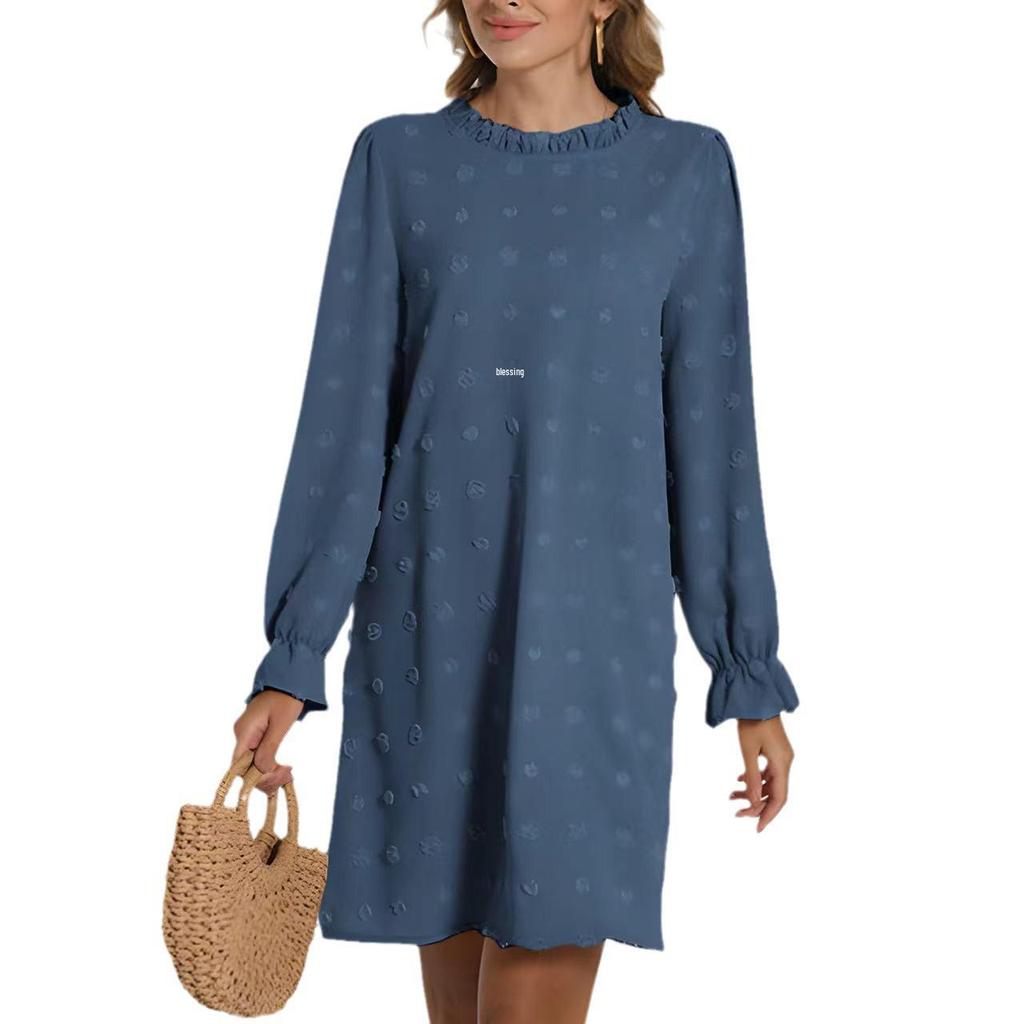 Abito Lungo da Donna alla Moda 2026 con Ricamo a Bolle, Pompon e Tessuto Jacquard a Manica Lunga