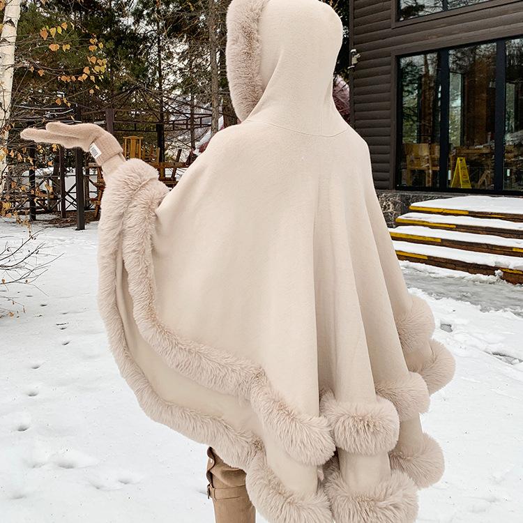 Poncho a mantella da donna con cappuccio e bordi in finta pelliccia, scialle invernale caldo con apertura frontale, mantella oversize