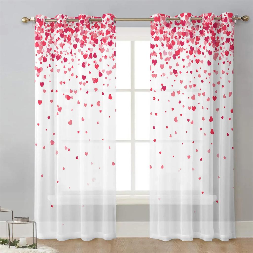 Happy Valentine's Day Love Heart Voile Curtains For Bedroom Tulle Window Curtain For Living Room Sheer Curtains Blinds Drapes2Pc