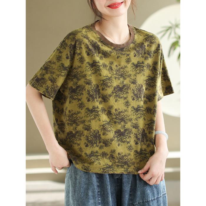 Large Size Women's New Style Literary Short-sleeved T-shirt Retro Printed Loose Casual Slim Pullover Top for Women