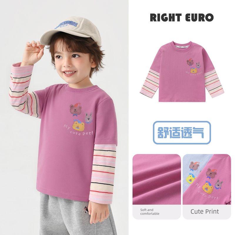 Right European Style Boys' Cartoon Fake Two-Piece Long-Sleeve T-Shirt Children's Spring Top 2026 New Children's Clothing Baby Base Shirt