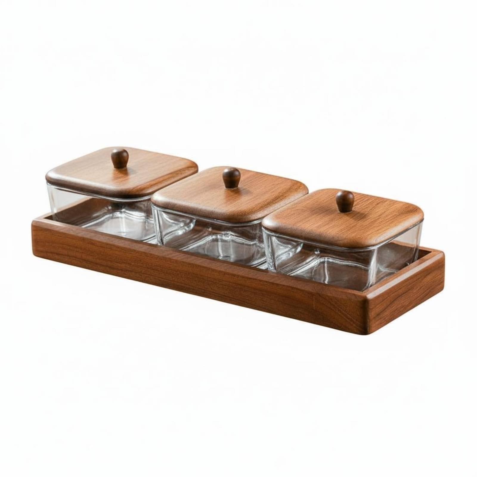 Glass Relish Dish Set with Wooden Tray Multipurpose Use Divided Serving Tray with Lids Wooden Candy and Nut Dish Elegant Design