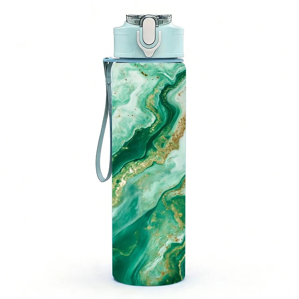 1PC Green Marble Swirl Agate Texture Background 750ml Color Plastic Sports Water Bottle Leakproof Flip Straw Lid Suitable for Sports Office Home Use