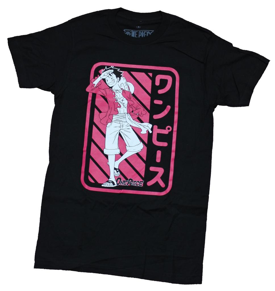One Piece Mens T-shirt Luffy Salute Posed in Kanji Box